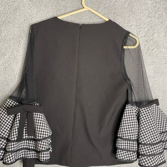 Gracia black bows plaid fancy date night dramatic bell sleeves dressy blouse S - Picture 7 of 10